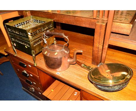 AN EARLY 20TH CENTURY SQUARE BRASS PLANTER, a copper kettle and a warming pan (3)