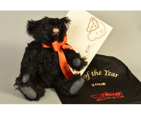 A LIMITED EDITION STEIFF QVC 2008 BEAR OF THE YEAR, black mohair, wearing orange ribbon, No 404/1500, No 662638, with black S