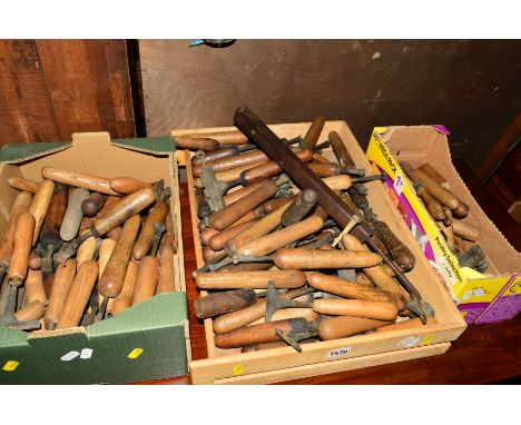 THREE VARIOUS BOXES CONTAINING LEATHER CRAFTING TOOLS including embossers, rollers etc