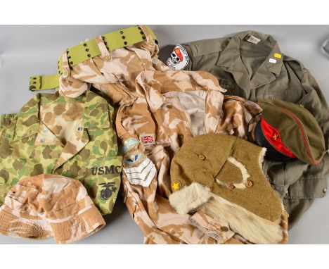 A LARGE BOX CONTAINING A CAMO SMOCK JACKET AND TROUSERS TO THE USMC (US MARINE CORPS), together with a grey combat style jack