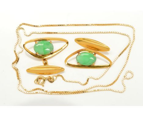 A PAIR OF JADE CUFFLINKS AND A CHAIN NECKLACE, the cufflinks designed as a central oval cabochon claw set within an open abst