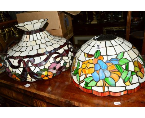 A LARGE TIFFANY STYLE LAMP SHADE, diameter 48cm together with a similar smaller lamp shade, diameter 41cm (2)