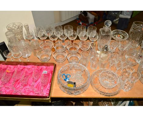 A GROUP OF CUT GLASS etc to include bowls, decanter, vase, drinking glasses, carafe etc