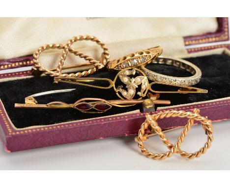 SIX ITEMS OF JEWELLERY, to include an 18ct gold diamond ring set with a graduated row of four rose cut diamonds (one vacant s