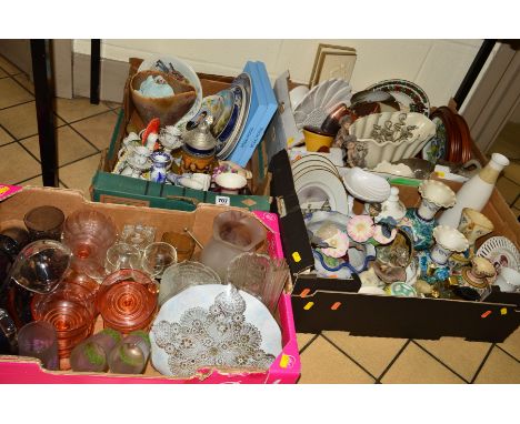 FOUR BOXES OF CERAMICS, GLASS, ETC, to include Delft, Wedgwood, four Royal Worcester Christmas Plates 1979 to 1982 etc