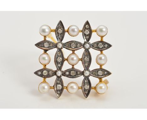 A CULTURED PEARL AND DIAMOND BROOCH, designed as a square of four flowers, each centrally set with a split pearl and petals s