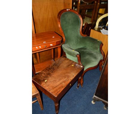 A VICTORIAN WALNUT SPOON BACK ARMCHAIR, with green velour upholstery together with a Georgian mahogony commode (s.d) (2)