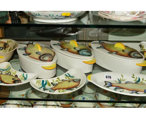 RADFORD POTTERY PART DINNER SERVICE, fish and lemons design, comprising  three tureens, two sauce boats and stands, large bow