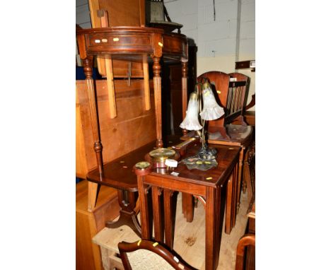 TWO VARIOUS MODERN MAHOGANY NEST OF THREE TABLES, similar coffee table, half moon table,magazine rack, single chair, modern b