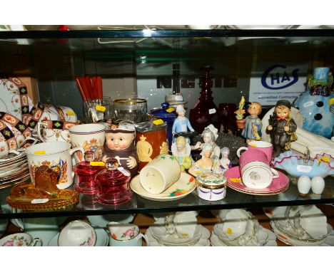 VARIOUS ORNAMENTS, TEAWARES, GLASS, etc, to include two Murano glass clown decanters, Parian ware figure, two Hummel figures,