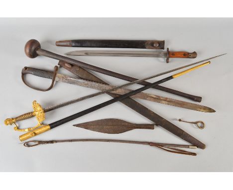 A BOX CONTAINING VARIOUS MILITARIA, as follows, two pieces of African Tribal weaponry, a wooden round headed club and a metal