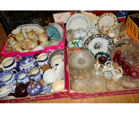 FOUR BOXES OF CERAMICS AND GLASSWARE, including blue and white printed pottery, Colclough Braganza pattern tea wares, a pair 