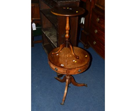 A REPRODUCTION MAHOGANY CIRCULAR DRUM TABLE and a wine table (2)