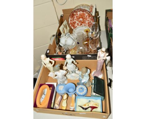 TWO NAO FIGURES OF CHILDREN, five shoe ornaments, Wedgwood jasperware trinket boxes, glassware, tea wares, etc (two boxes)