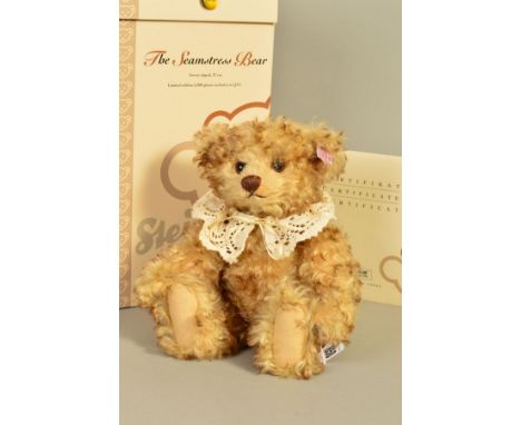 A BOXED LIMITED EDITION STEIFF 'THE SEAMSTRESS BEAR' NO.1204/2006, No.654084, brown tipped, wearing a lace collar, height 27c