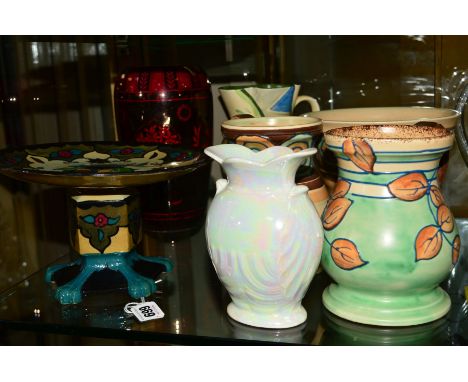 ROYAL CAULDON 'CAIRO WARE' TAZZA, height 13cm, three other Royal Couldon jugs and vase, tube lined decorated, a Foley Faieice