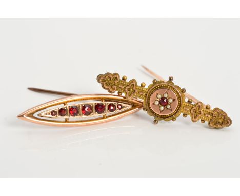 TWO 9CT GOLD LATE 19TH TO EARLY 20TH CENTURY GEM BROOCHES, the first of marquise shape outline with a central line of graduat