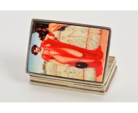 A RECTANGULAR HINGED PILL/SNUFF BOX, the lid set with a ceramic panel with transfer of a lady on it, stamped 925, length 48mm