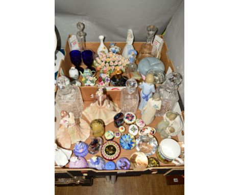 TWO BOXES OF GLASS DECANTERS AND PAPERWEIGHTS, including Murano and Caithness, Coalport lady figures including Autumn Stroll,