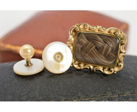 TWO PIECES OF JEWELLERY to include an early 20th Century pair of cased mother of pearl and simulated pearl cufflinks, togethe
