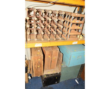 THREE PAINTED WOODEN TOOL CHESTS, four wooden crates and three wine racks (10)