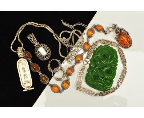 A SELECTION OF MAINLY SILVER AND WHITE METAL JEWELLERY, to include an openwork scrolling pendant set with a rectangular panel