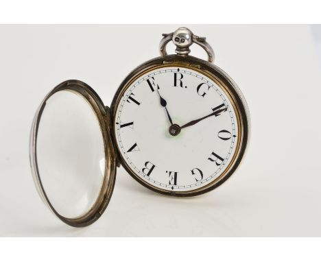 A MID VICTOTRIAN SILVER OPEN FACE POCKET WATCH, the white face with black hour makers that are letters which spell out George