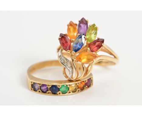 TWO GOLD MULTI GEM RINGS, the first a set with a line of circular gems including sapphire, ruby and emerald, with 9ct hallmar