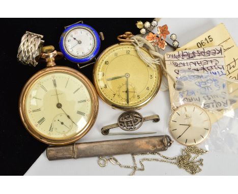 A SELECTION OPF POCKET WATCHES, WATCH PARTS AND JEWELLERY to include and Edwardian silver pencil holder, an early 20th Centur
