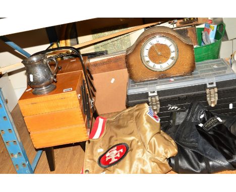 A WOODEN SEWING BOX AND CONTENTS, a NFL jacket, a black leather jacket, an oak cased mantel clock, tools, bible prints, etc