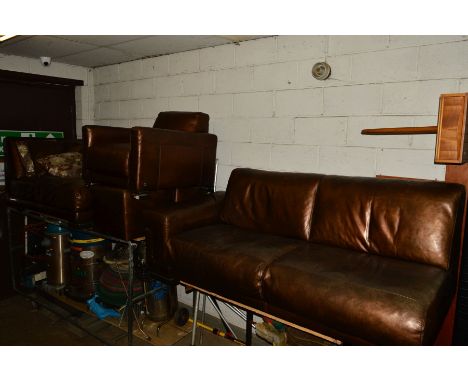 A BROWN LEATHER TWO PIECE LOUNGE SUITE, comprising a corner sofa, single armchair and two pouffe