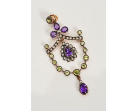 A PERIDOT, AMETHYST, DIAMOND AND SPLIT PEARL PENDANT, of openwork designer, a pear shape amethyst within a split pearl surrou