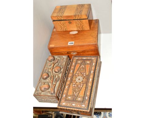 A VICTORIAN ROSEWOOD WORKBOX, no internal fittings, a Black Forest style carved box and two 19th century inlaid boxes includi