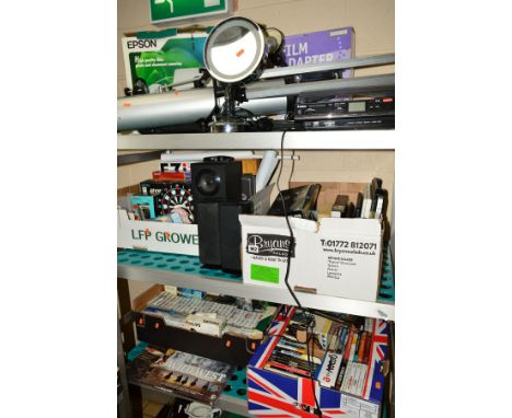 FOUR BOXES AND LOOSE SUNDRY ITEMS to include Nintedo DS games, P C games, Seben 700mm telescope, Samsung speaker system, boxe