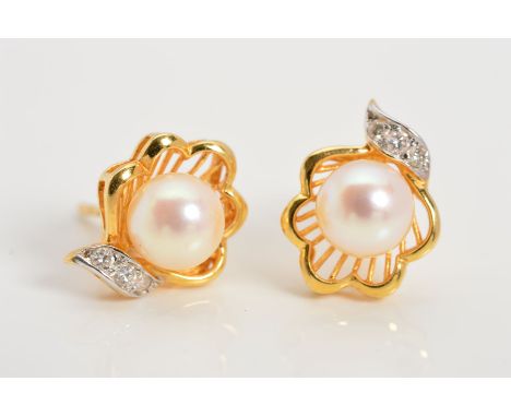 A MODERN 18CT GOLD CULTURED PEARL AND DIAMOND STUD EARRINGS, shell design, post and scroll fittings, import hallmarked 18ct g