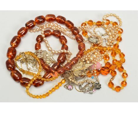A SELECTION OF MAINLY NECKLACES, to include a pressed amber graduated bead necklace, two faceted orange glass bead necklaces,