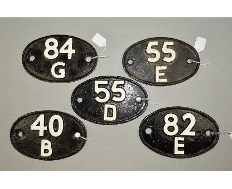 FIVE CAST IRON SHED PLATES, raised white lettering on black background, 40B Immingham, 55D Royston, 55E Normanton. 82E Yeovil
