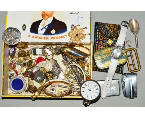 A BOX OF JEWELLERY, WATCHES etc, to include a pocket watch, a lady's wrist watch, a lighter, a filigree flower pendant, butto