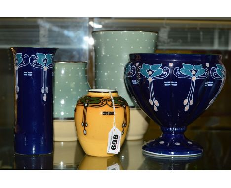 THREE WOOD &amp; SONS ELERS WARE VASES, to include a small baluster vase, tubelined Art Nouveau style decoration on yellow gr