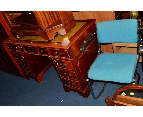 A REPRODUCTION YEW WOOD PEDESTAL DESK, tooled tan leather inset top and nine various drawers, width 122cm x depth 61cm x heig