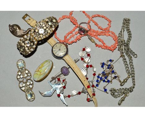 A SELECTION OF JEWELLERY, to include an enamel seagull brooch, a coral chip necklace, a Buren wrist watch, an amethyst ring, 