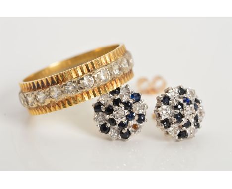 A PAIR OF 9CT GOLD SAPPHIRE AND DIAMOND STUD EARRINGS AND A PASTE ETERNITY RING, the ear studs designed as a tiered cluster o