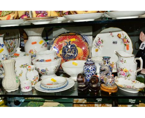 VARIOUS CERAMICS AND CLOISONNE VASES, TRINKETS, ANIMALS, etc, to include Aynsley, Royal Crown Derby, Wedgwood, Worcester, Bel