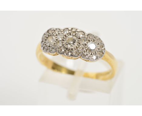 A TRIPLE ROW DIAMOND CLUSTER RING, comprising old single cut and old brilliant cut diamonds, estimated total weight 0.50ct, r