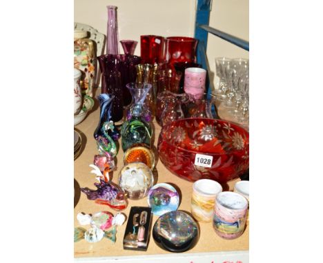 A COLLECTION OF COLOURED GLASSWARE, including Caithness, Gozo, Mdina, etc comprising vases, paperweights, bowl, animal, bird 