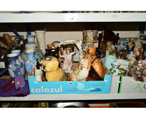 FOUR BOXES OF CERAMIC DOG ORNAMENTS, VASES, RELIGION RELATED FIGURES, PICTURES, etc, together with mugs, decorative vases, fa