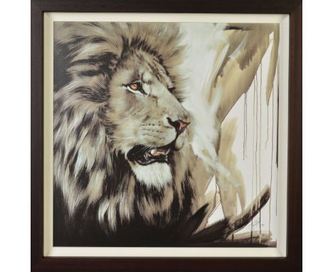 JEN ALLEN (BRITISH CONTEMPORARY) 'LION KING', a portrait study of a lion, limited edition print on board, 31/195, signed bott