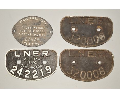 THREE L.N.E.R. CAST IRON WAGON PLATES, 20 Tons 1940 Darlington 242219, repainted, raised white lettering on black background 