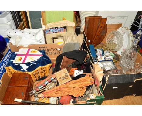 A BOX OF VINTAGE MAGIC TRICKS AND SUNDRY ITEMS, a box of table linen, pamphlets, framed prints, paintings and a box of glassw