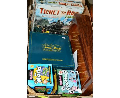 A SELECTION OF GAMES, to include Bagatelle board with balls, ticket to ride, Trivial Pursuit genius edition, brain box 'The W